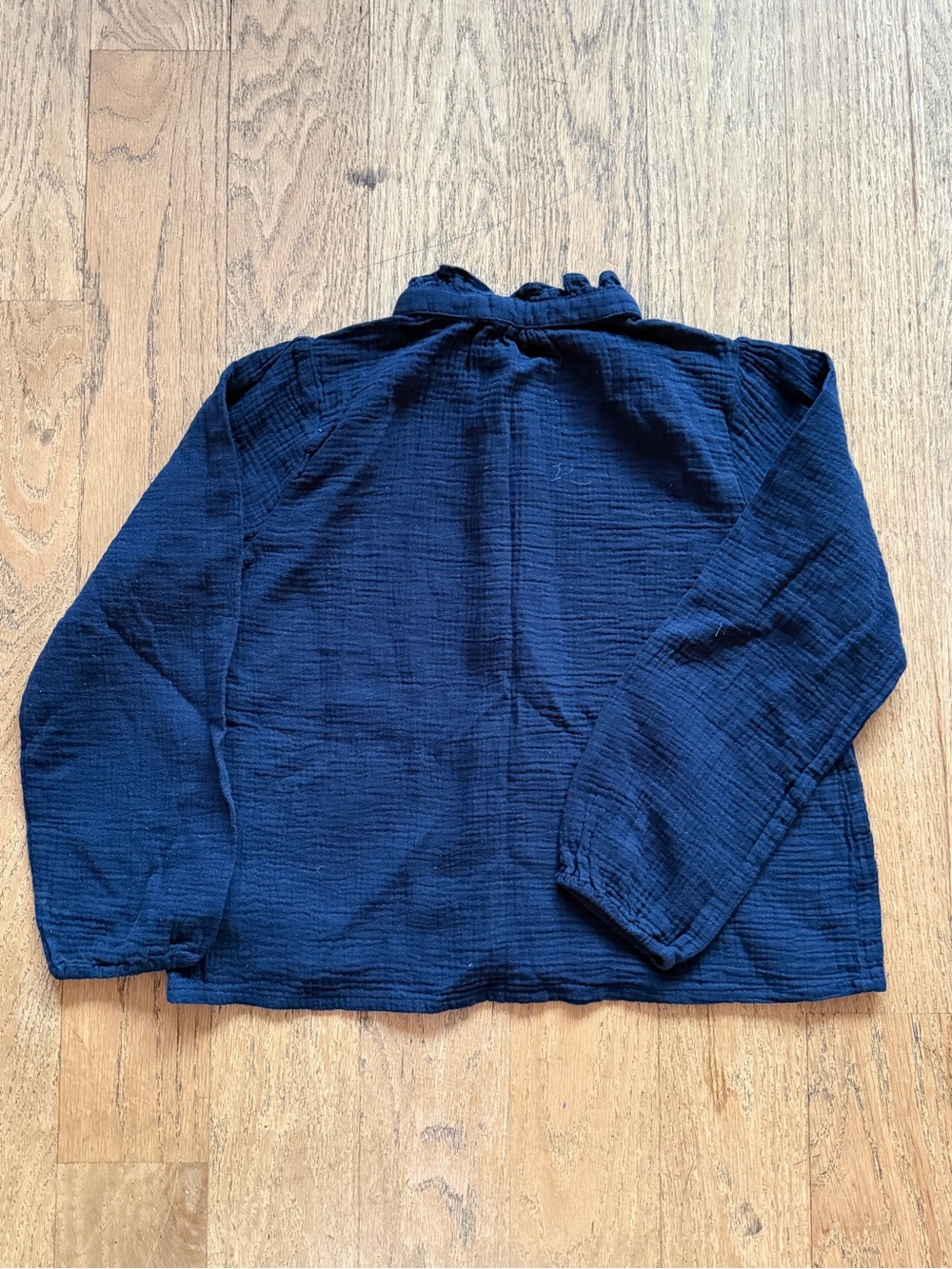 French Girls' Navy Ruffle-Front Button Blouse - Picture 5 of 6